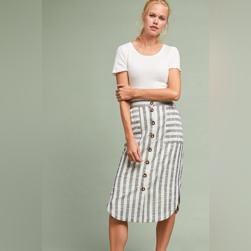 Anthropologie Button-Front Striped Midi Skirt in White and Gray